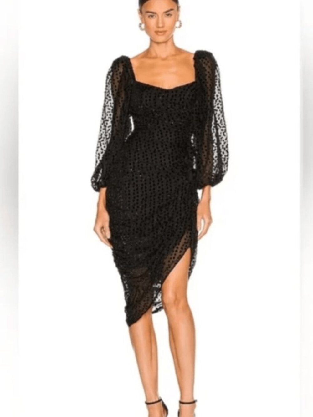 ASTR The Label Black Velvet Polka Dot Ruched Midi Dress